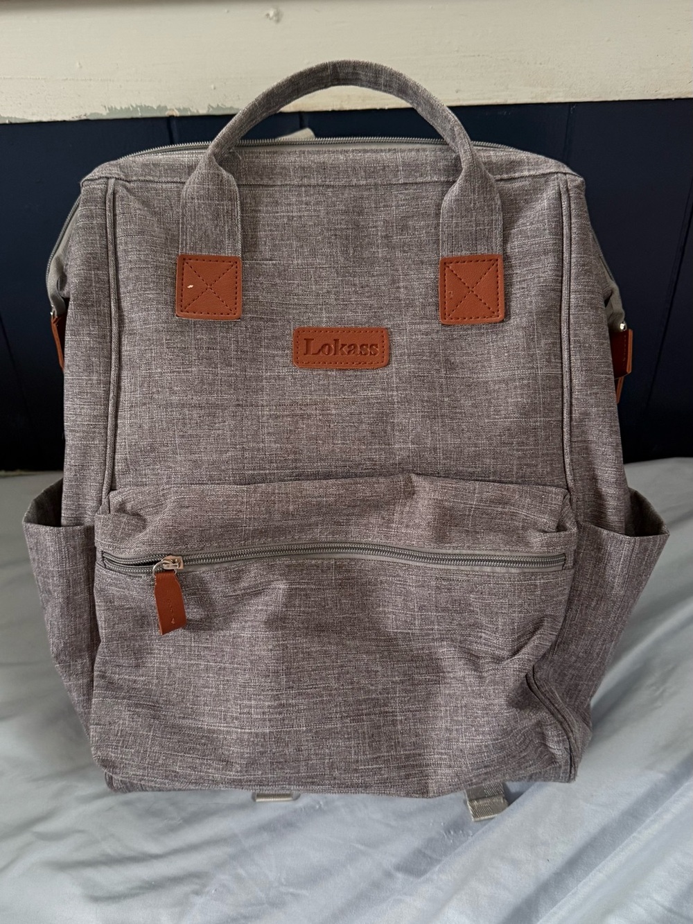 Gray Men's Backpack with Brown Accent Trim